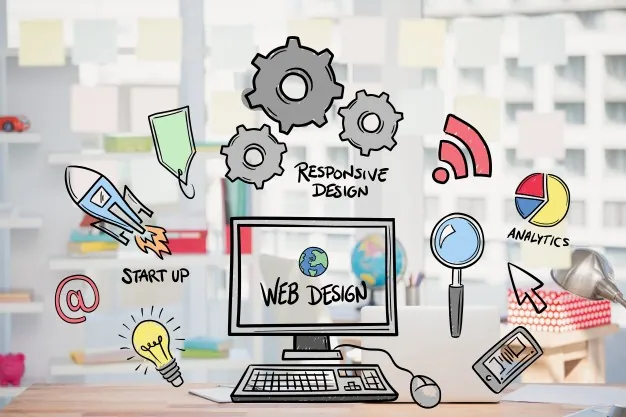 Web tasarım, responsive tasarım ve analitik kavramlarını anlatan illüstrasyon